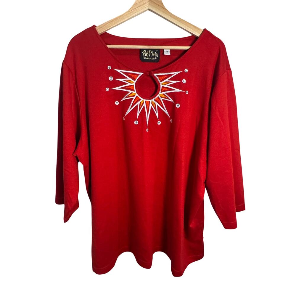 Bob Mackie Wearable Art Sunburst Keyhole Top Red 2X